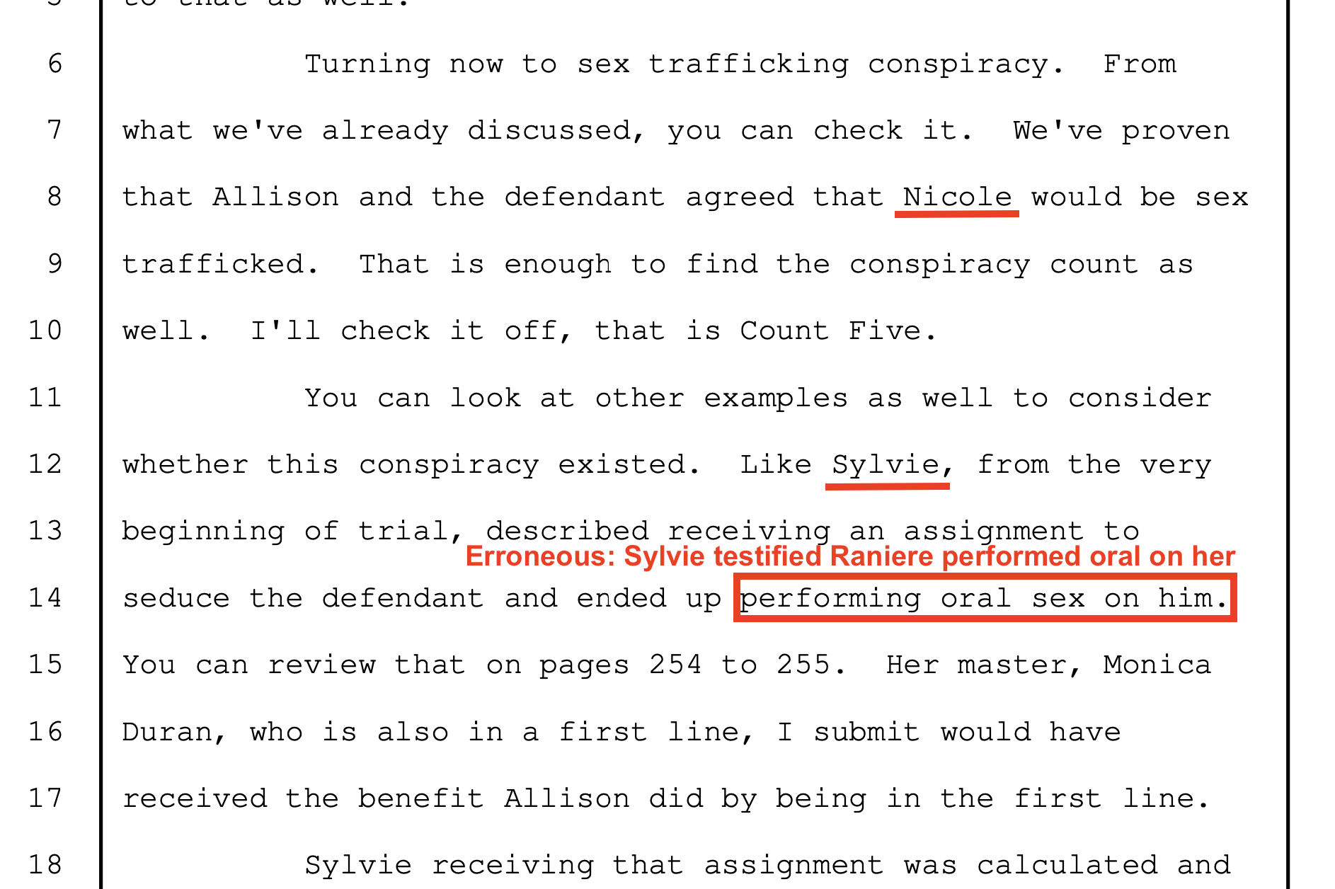 Government closing on the sex-trafficking conspiracy — Nicole named, Sylvie the only other example, with the misstated oral-sex direction