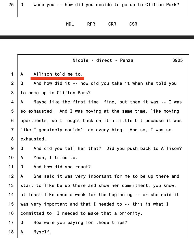 Nicole testimony, Tr. 3905 — Allison directed weekly trips; Nicole paid herself