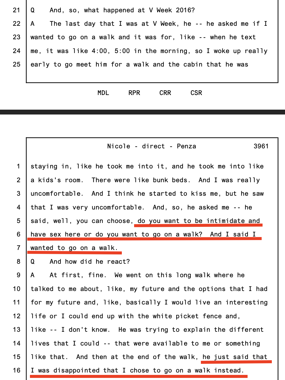 Nicole testimony, Tr. 3960-3961 — she declined sex, chose a walk, and the only consequence was Raniere saying he was disappointed