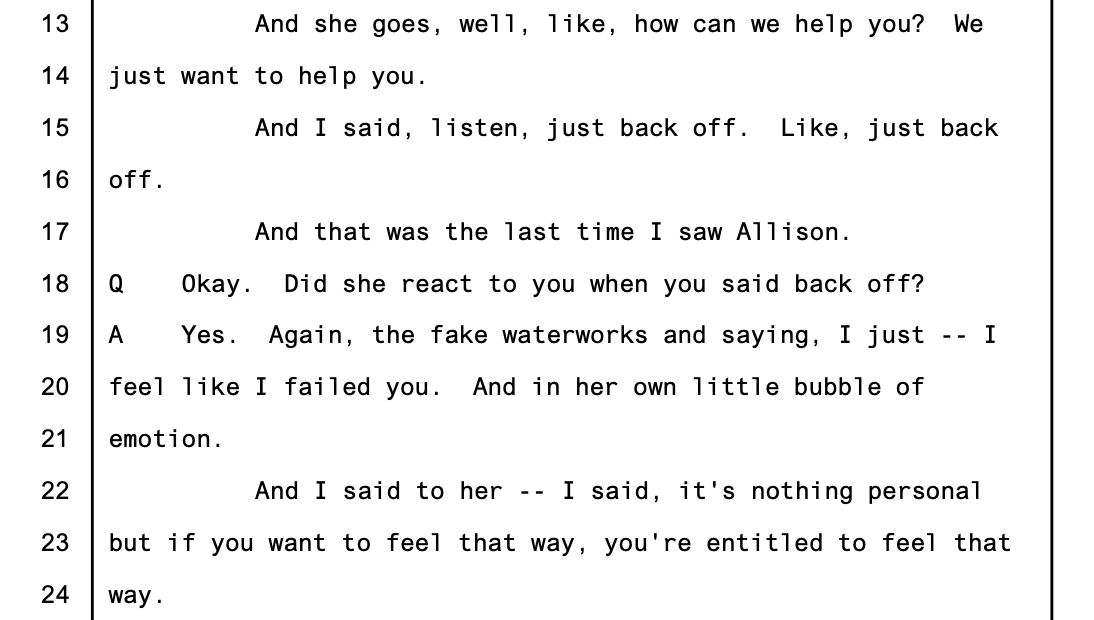 Jay testimony — last time I saw Allison