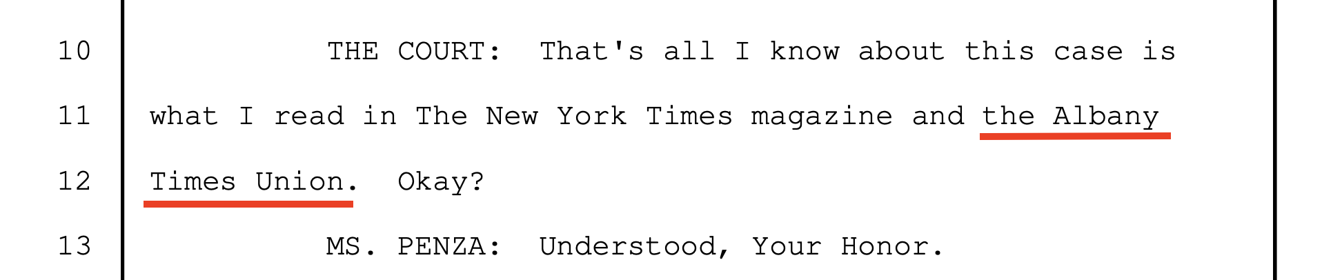 Pre-trial transcript, June 12, 2018, p. 24 — Judge Garaufis stating his knowledge of the case came from the New York Times Magazine and the Albany Times Union