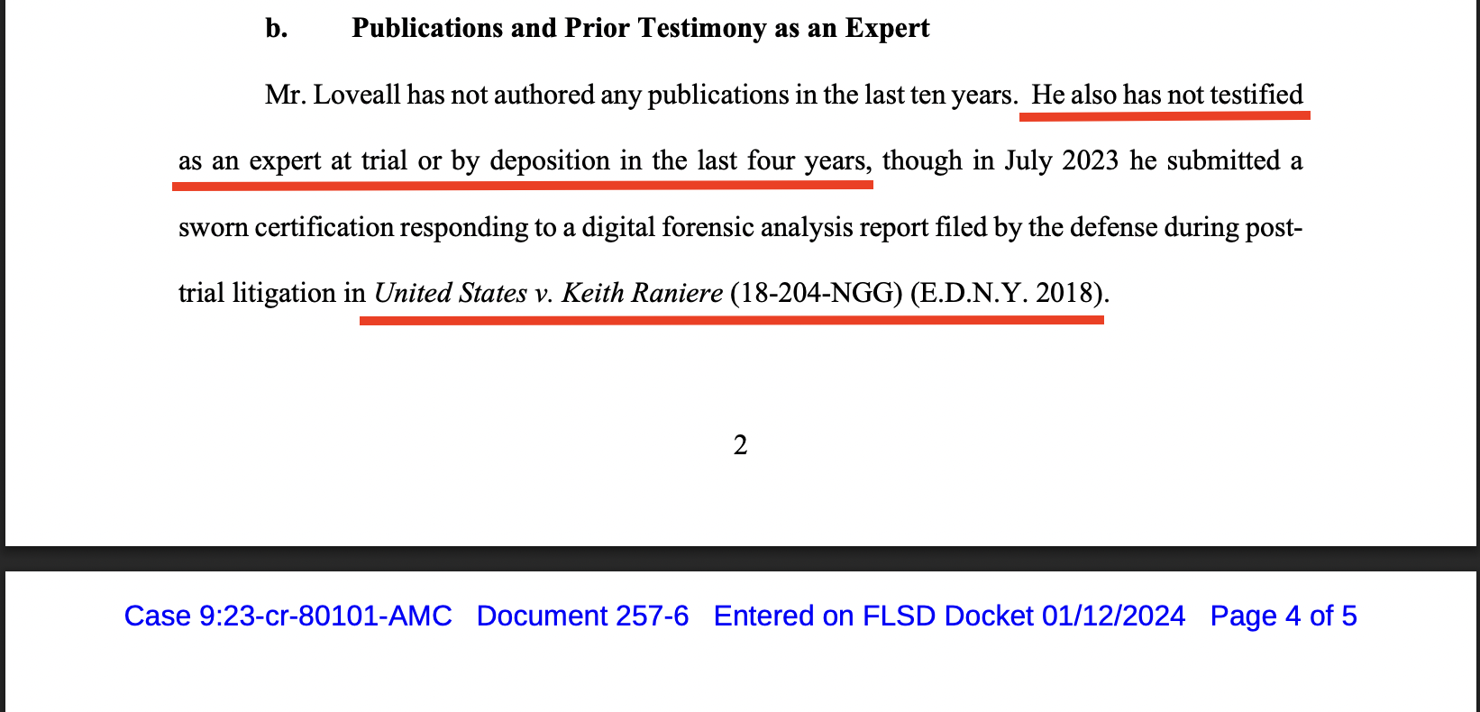 Jack Smith expert disclosure exhibit — David Loveall II selected as testifying forensic expert in the Mar-a-Lago prosecution