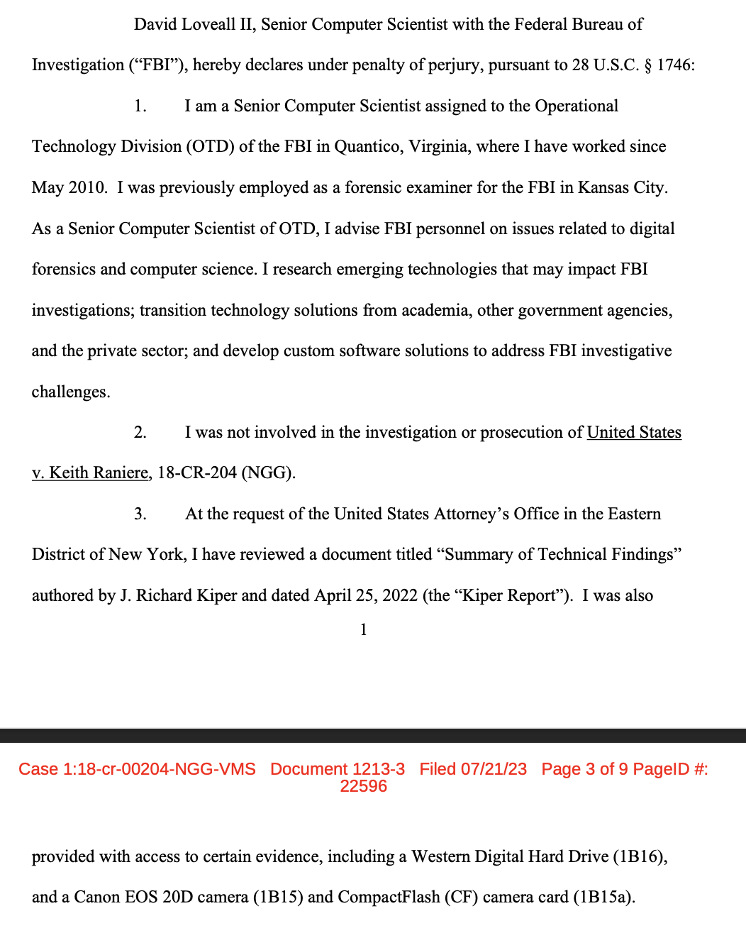 Loveall report opening — no date on cover, but the comparison Kiper report submitted in the same filing is dated
