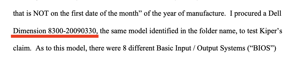 Loveall report excerpt — claims he procured a 'Dell Dimension 8300-20090330,' but no such Dell computer model exists; the suffix '20090330' is a date code, not a hardware identifier