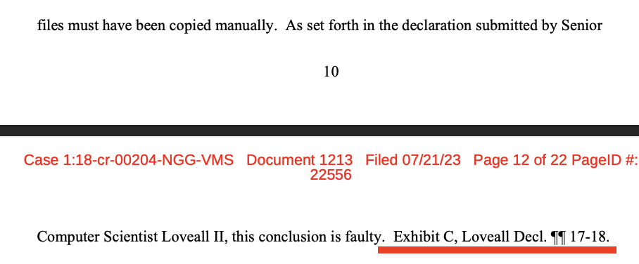 Hajjar motion p. 12 — 'As set forth in the declaration submitted by Senior Computer Scientist Loveall II, this conclusion is faulty. Exhibit C, Loveall Decl. ¶¶ 17-18.'