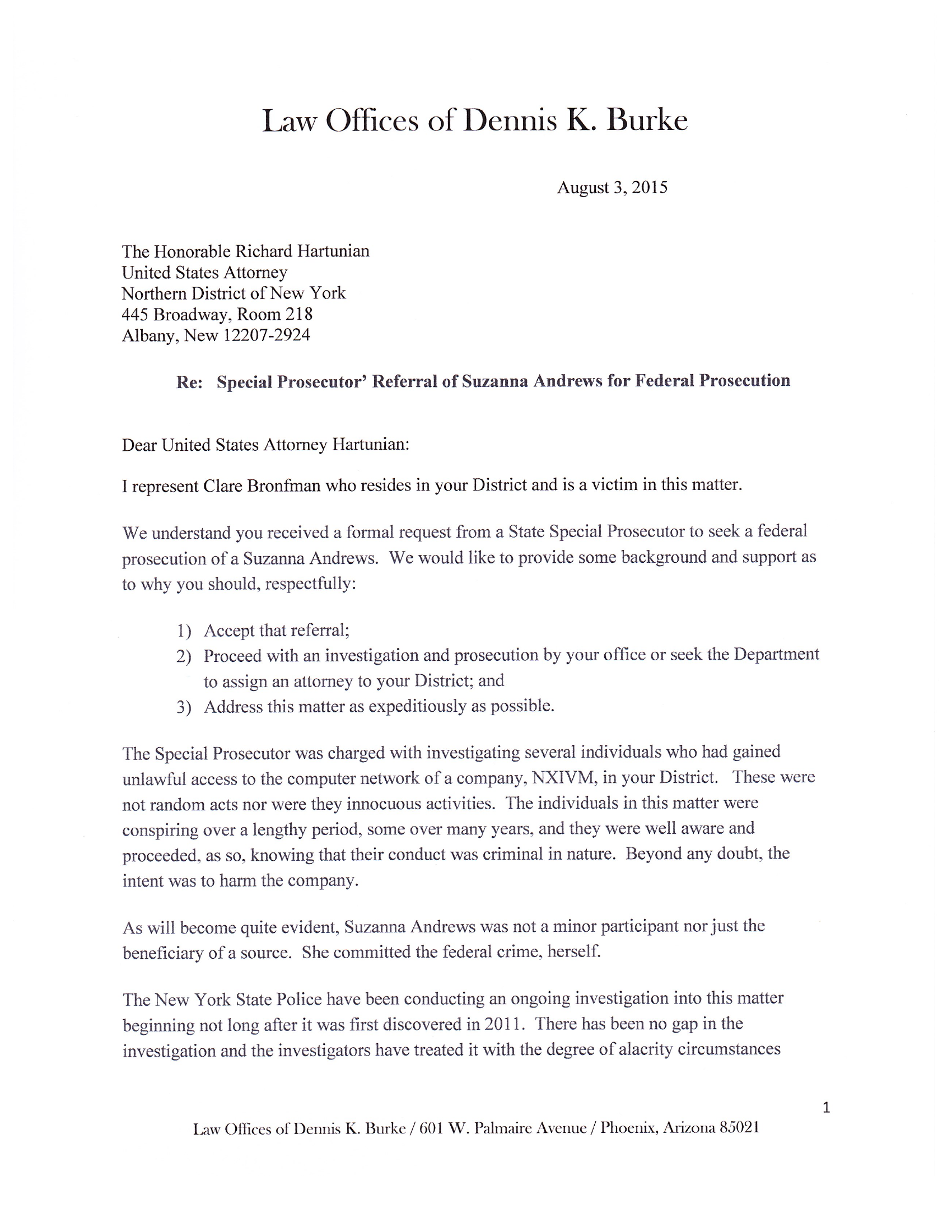 August 3, 2015 referral letter from former U.S. Attorney Dennis K. Burke to the NDNY U.S. Attorney, referring Suzanna Andrews and citing the New York State Police investigation