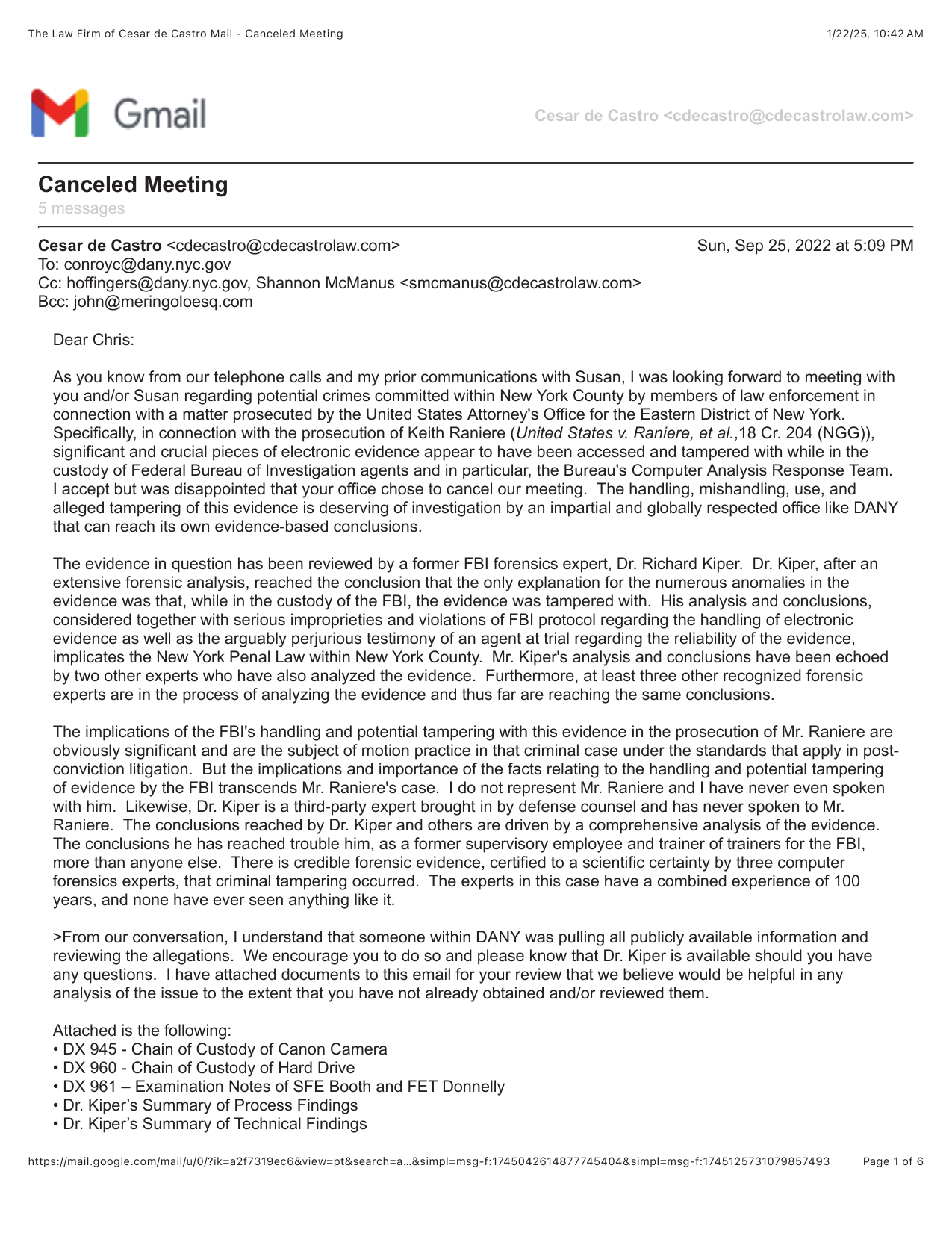 Letter from attorney C&eacute;sar de Castro to the Manhattan D.A.&rsquo;s office, dated Sept. 25, 2022, setting out the FBI evidence-tampering allegation and listing eight attached forensic exhibits