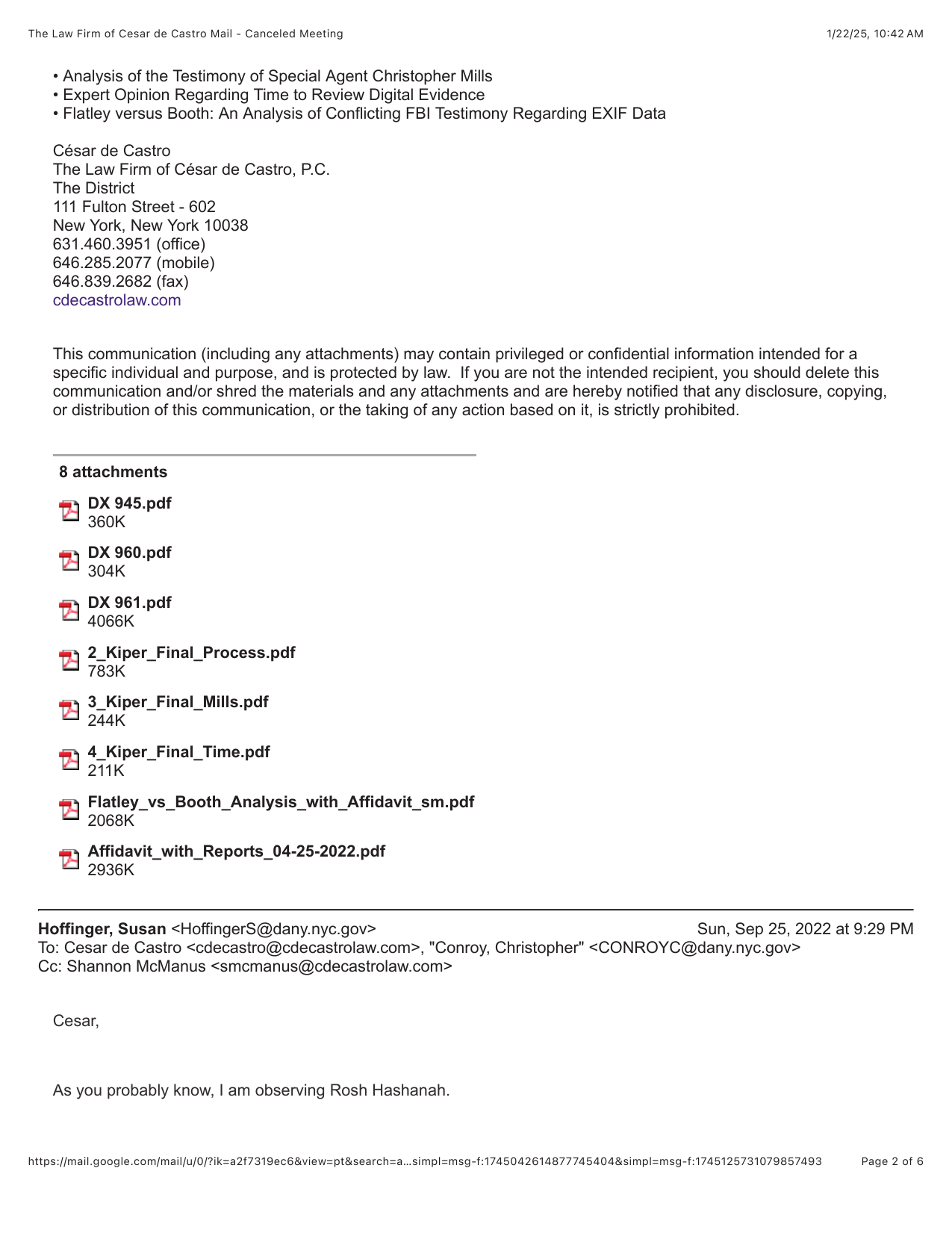 Second page of the letter, listing the eight forensic exhibits provided to the office
