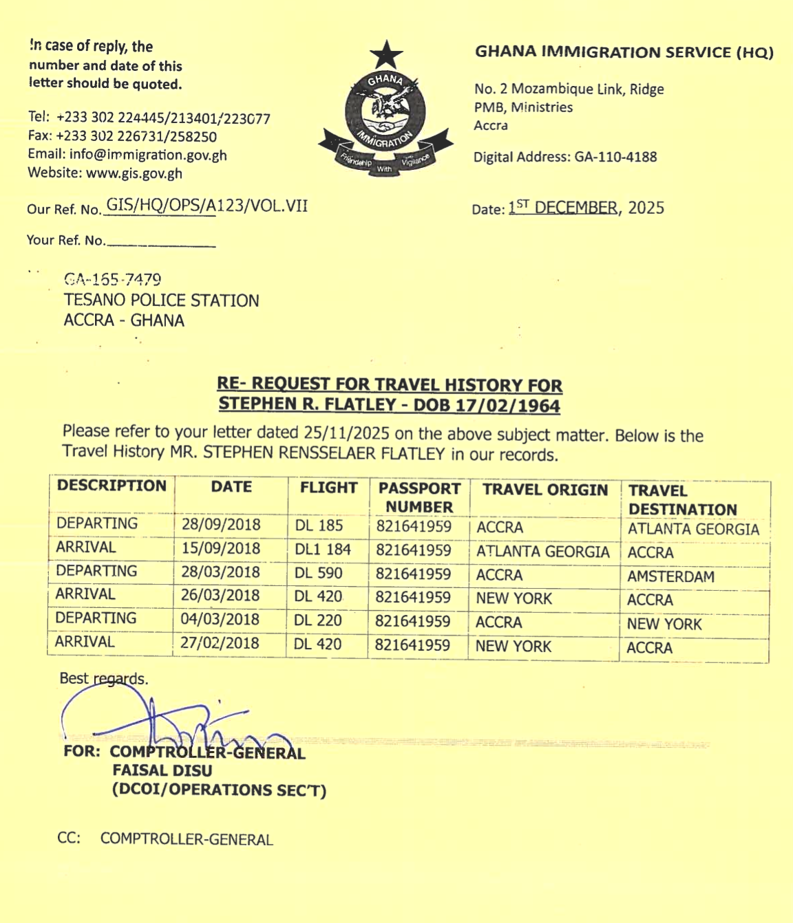 Ghana Immigration Service notarized letter — Flatley's last departure from Ghana was September 28, 2018, more than eight months before trial; no entries during the trial, no entries since