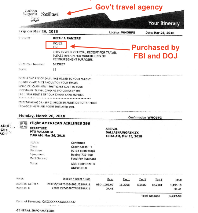 The FBI's CWTSato purchase receipt for Mr. Raniere's American Airlines flight dated March 26, 2018 — annotated to highlight the U.S. government travel agency and the FBI/DOJ payor designation