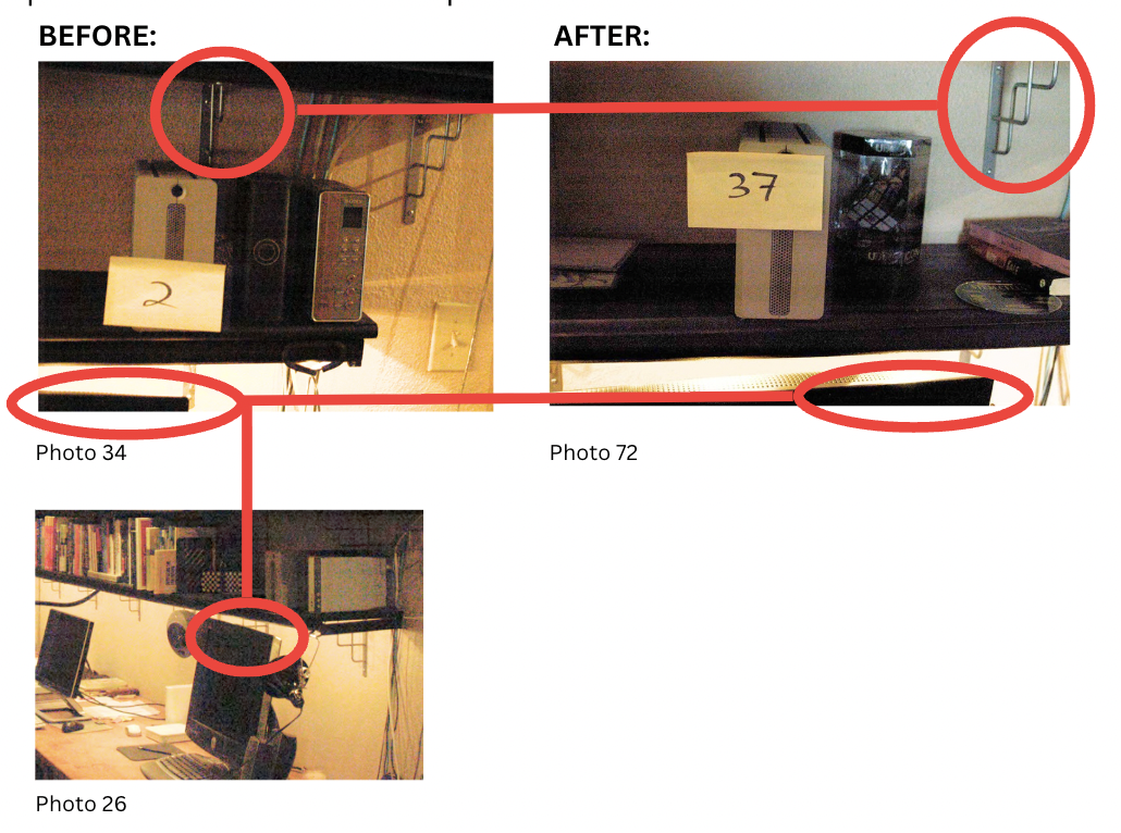 Before/after comparison of the same bookshelf location: Photos 26 and 34 (entry shots) versus Photo 72 (later shot) — the wall brackets and the edge of the desk are visible in all three, proving it is the same spot
