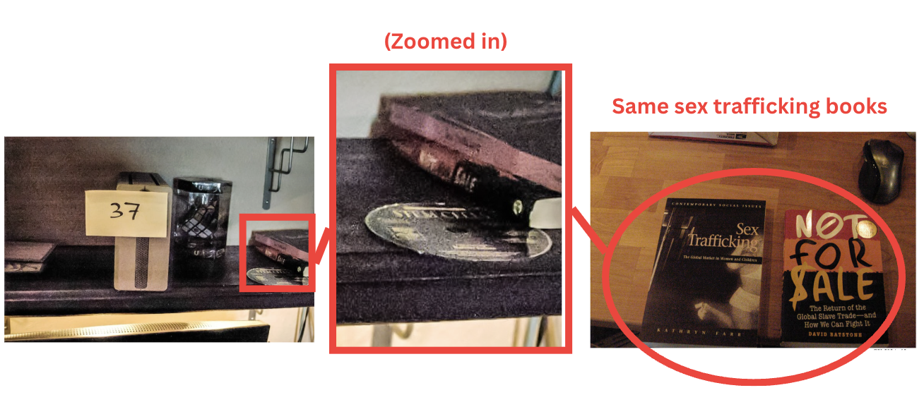 Side-by-side comparison showing the two sex-trafficking books on the bookshelf in Item 37 zoomed in, and the same two books photographed up close on a desk in Photo 65